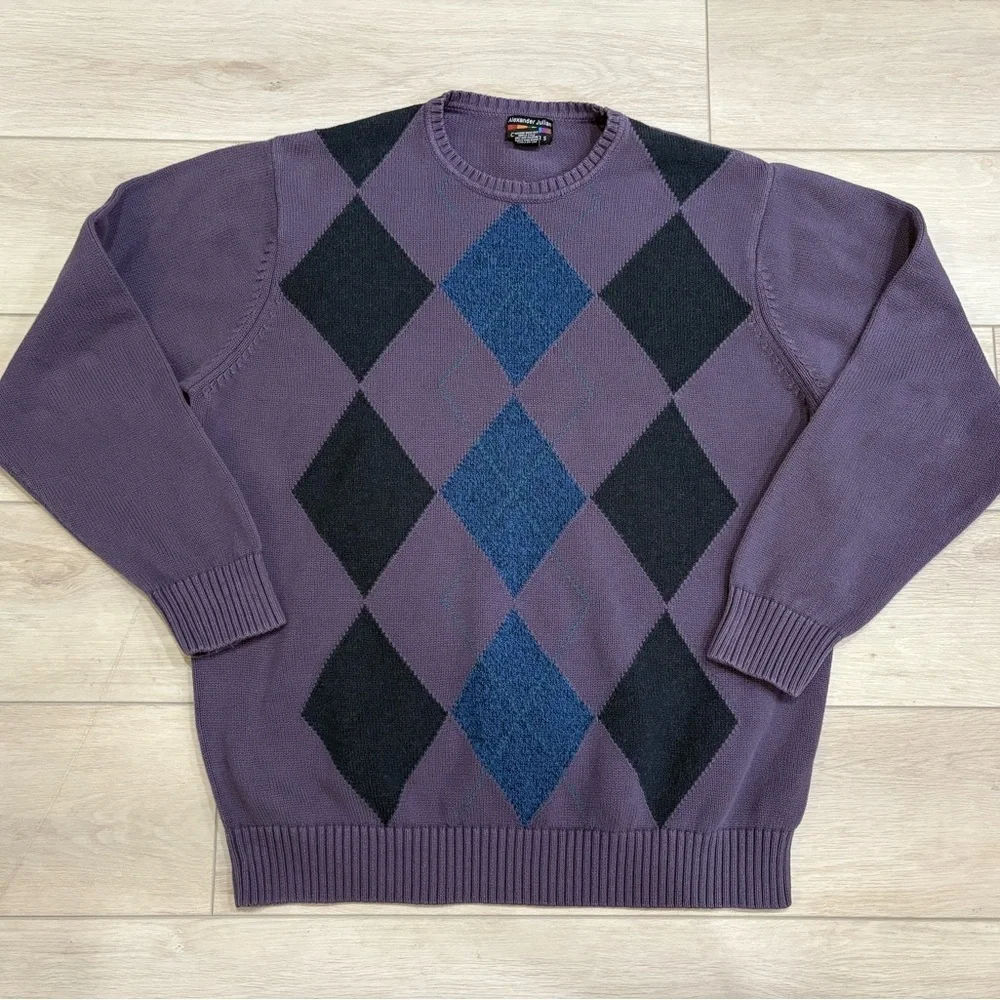 Alexander Julian COLORS Purple Preppy Retro 100% Cotton Argyle Sweater Mens XXL
